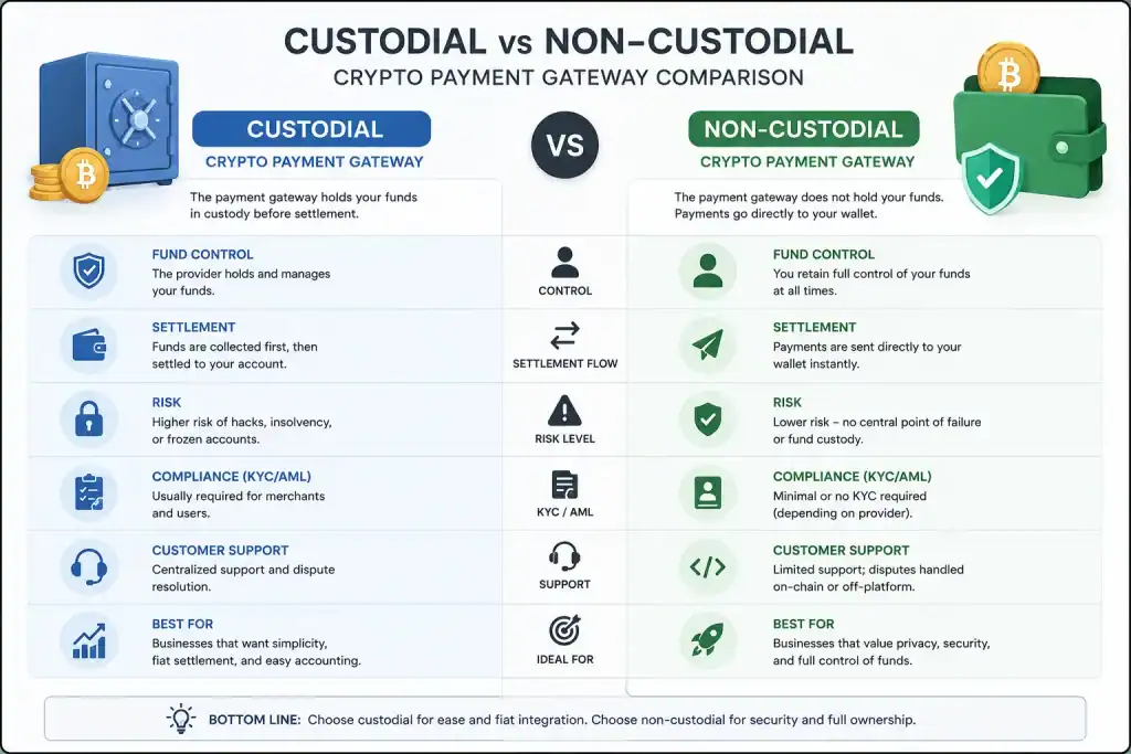custodial vs non-custodial crypto payment gateway comparison